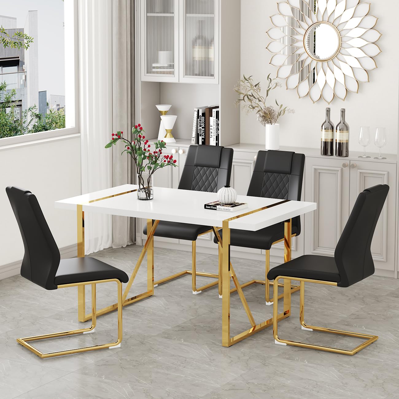 Modern Dining Table Set for 4, 55'' White Dining Tabletop and Gold